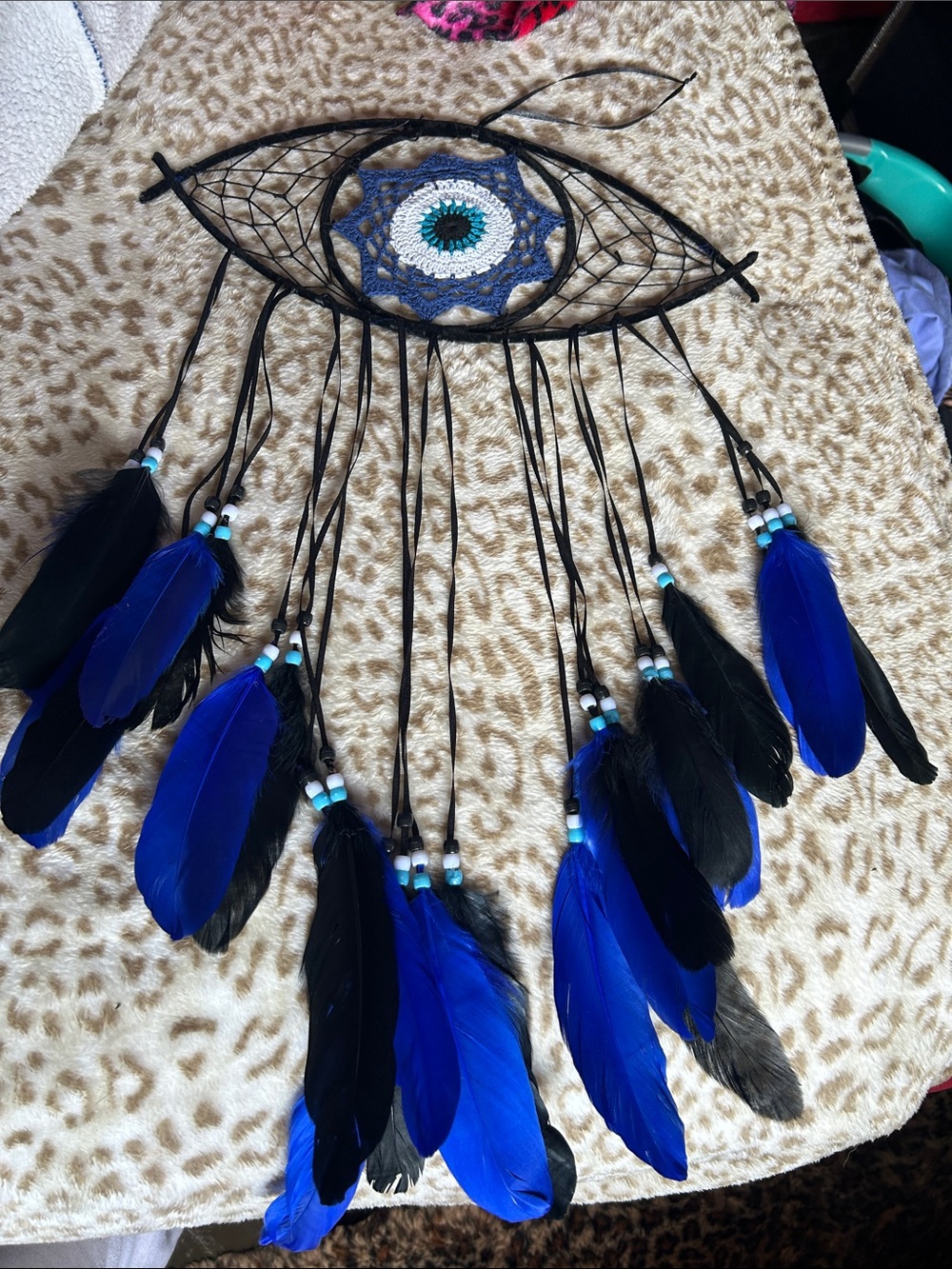 Handmade Evil Eye Dreamcatcher with Blue & Black beads - Feathers - Picture 1 of 6